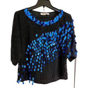 Oleg Cassini Women's TOP S Fully Beaded Embellished w/Blue Metallics PRISTINE